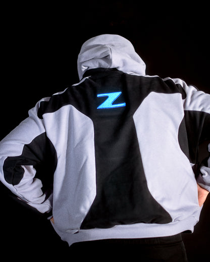 grey black cyber atom cyberpunk space odyssey hoodie, back stitching on model view