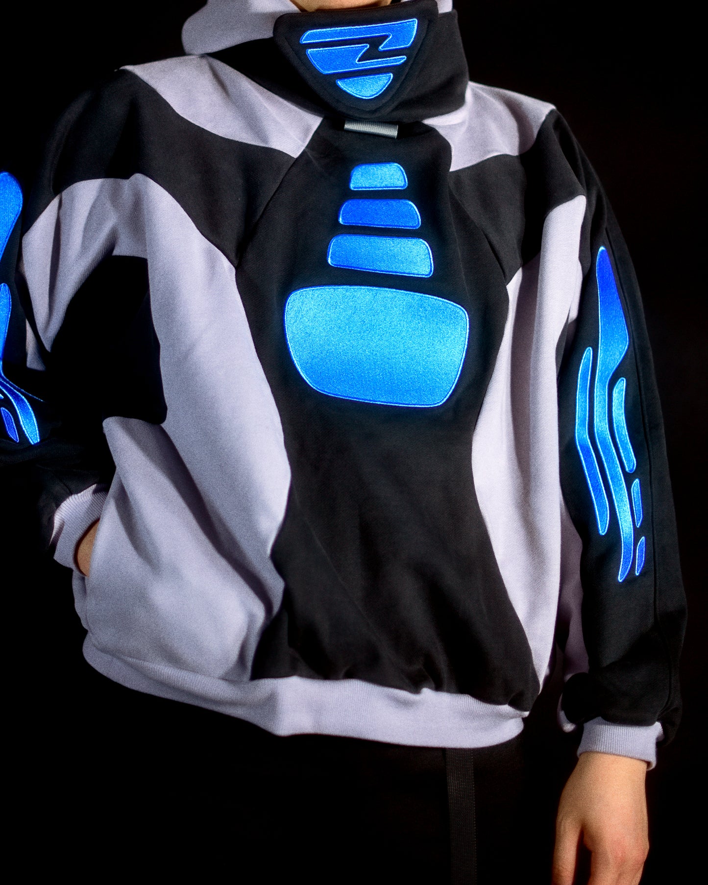grey black cyber atom cyberpunk space odyssey hoodie, embroidery detail