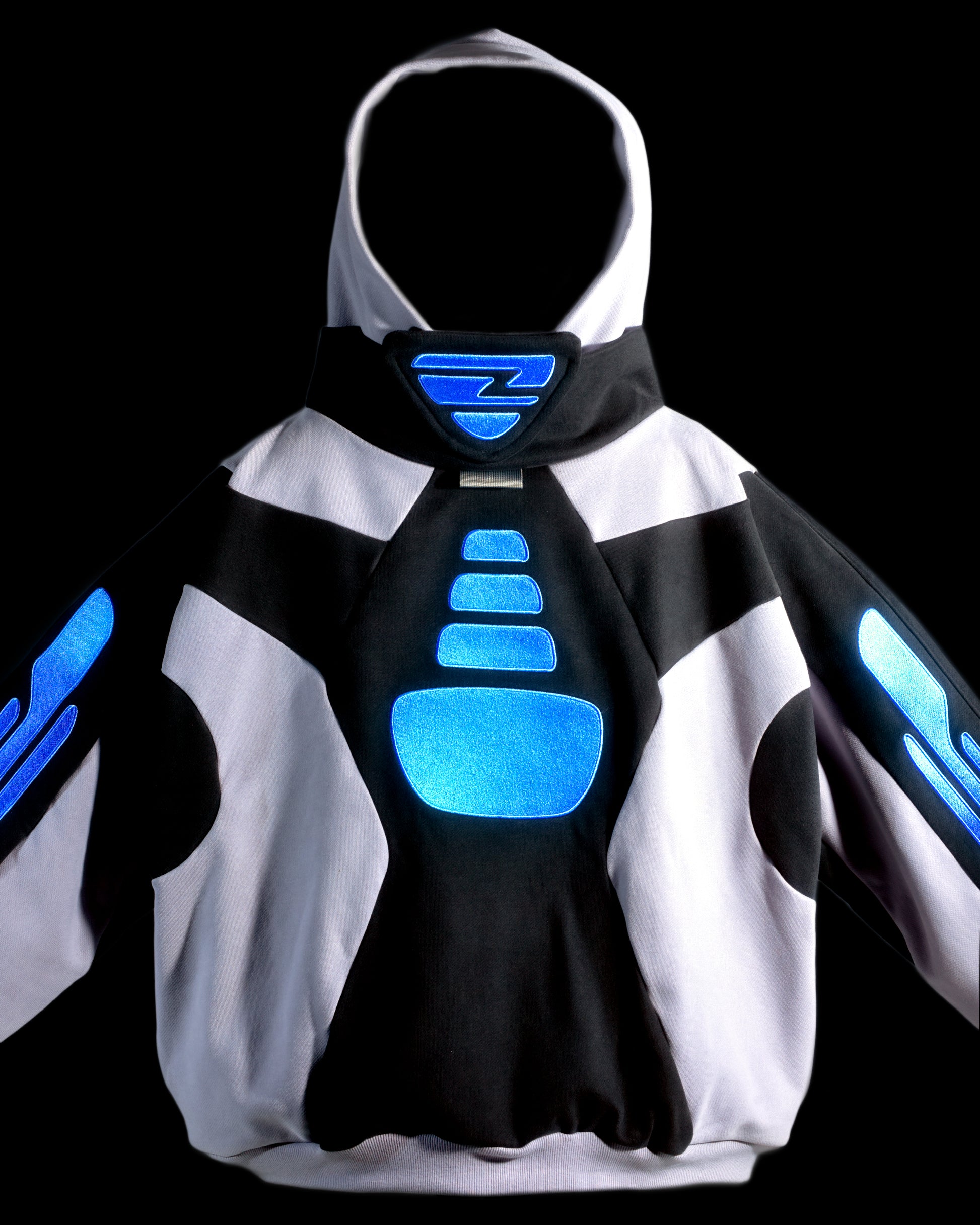 grey black cyber atom cyberpunk space odyssey hoodie, front close up view