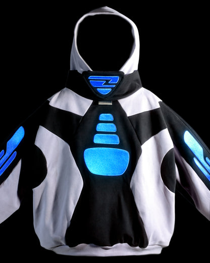 grey black cyber atom cyberpunk space odyssey hoodie, front close up view