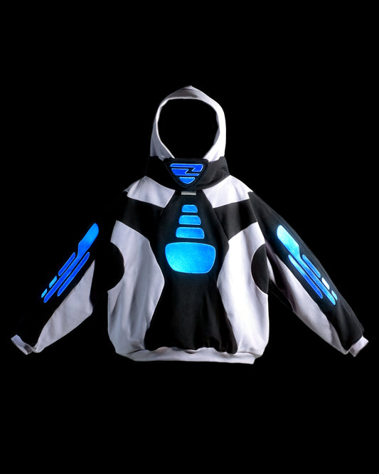 grey black cyber atom cyberpunk space odyssey hoodie, front view