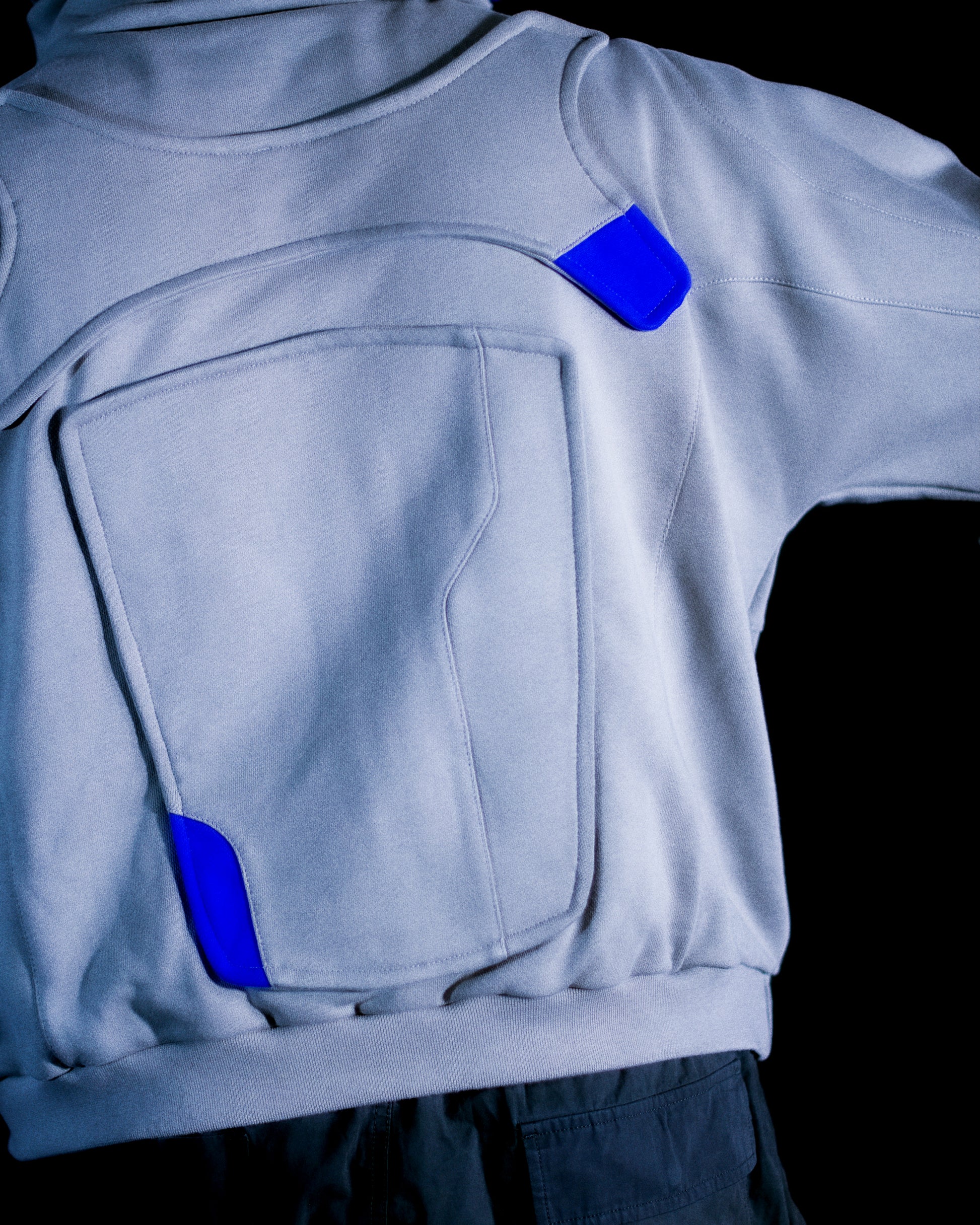 Grey cryogenic sci-fi streetwear fashion hoodie, back model view