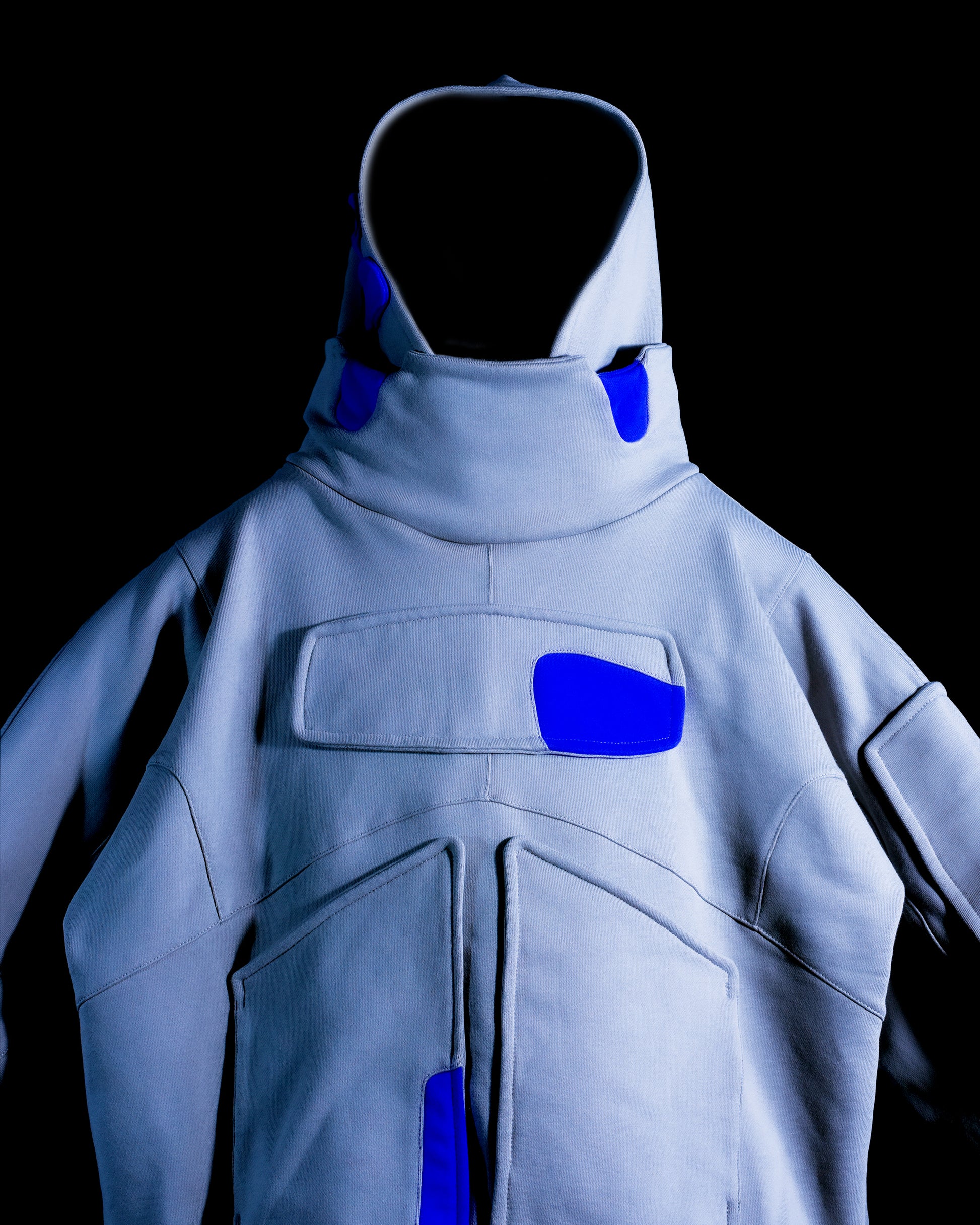Grey cryogenic sci-fi streetwear fashion hoodie, front close up view