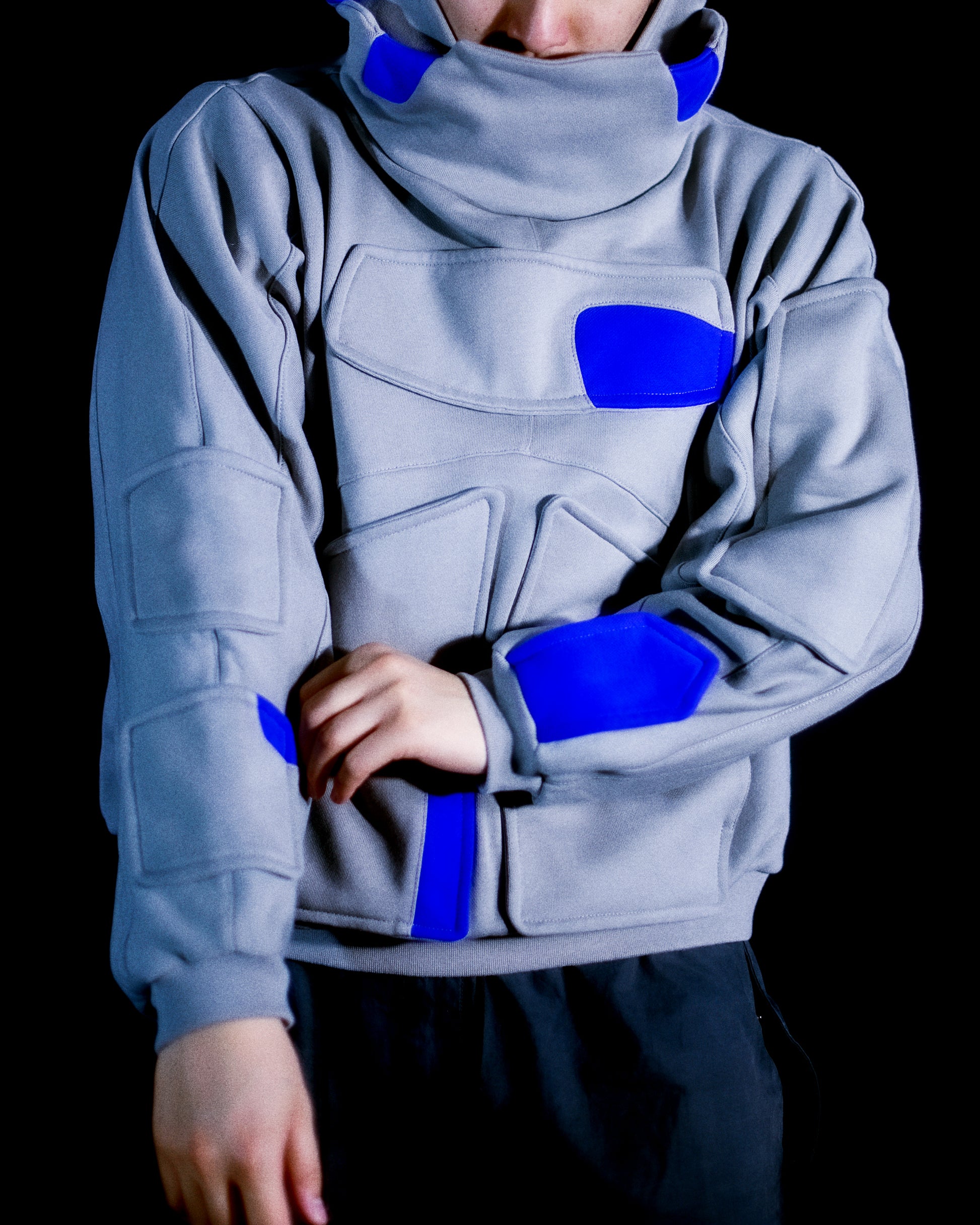 Grey cryogenic sci-fi streetwear fashion hoodie, front model view