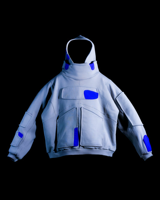 Grey cryogenic sci-fi streetwear fashion hoodie, front view