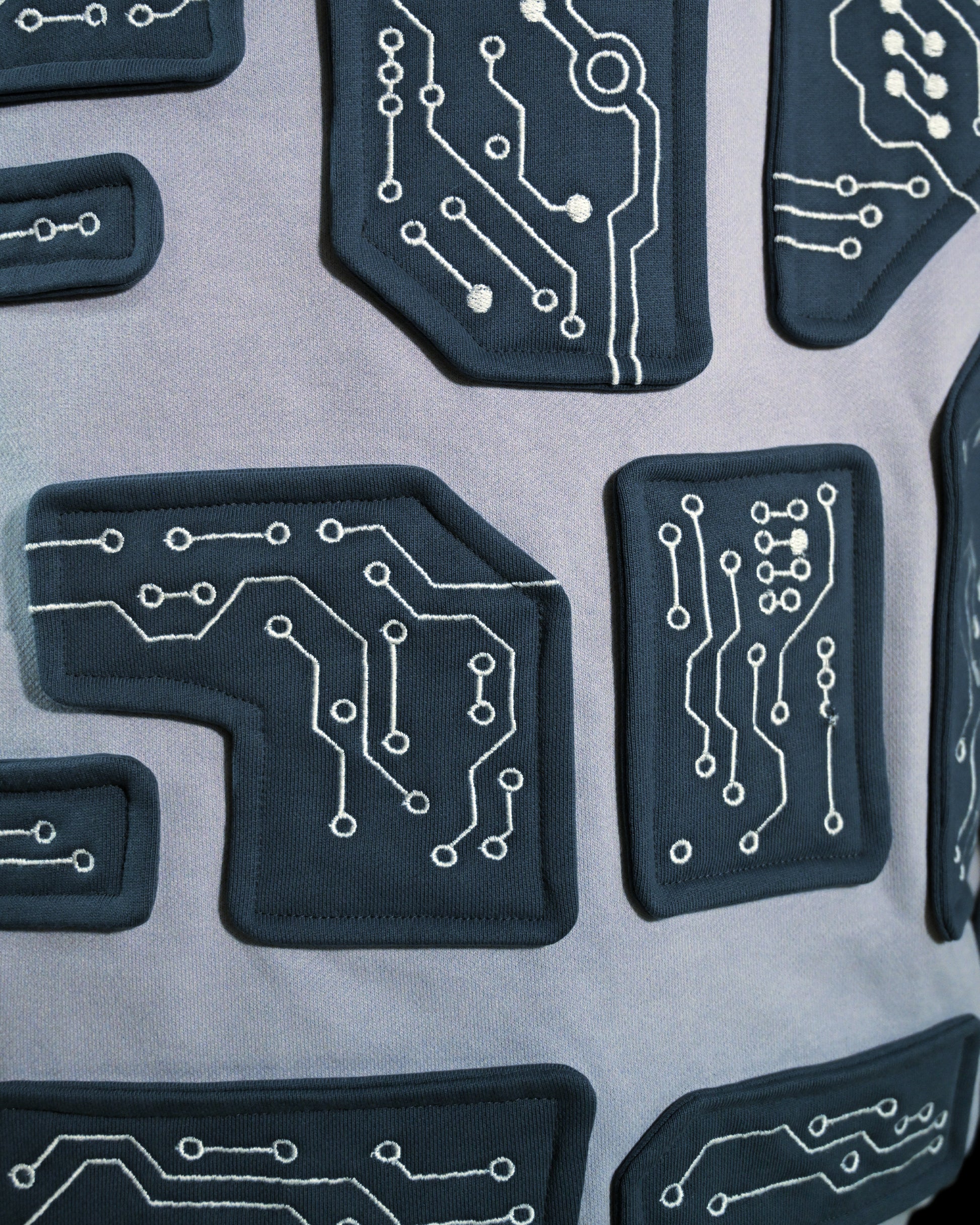 grey cybercore grid robotic cyberpunk luxury heavyweight hoodie, embroidery detail