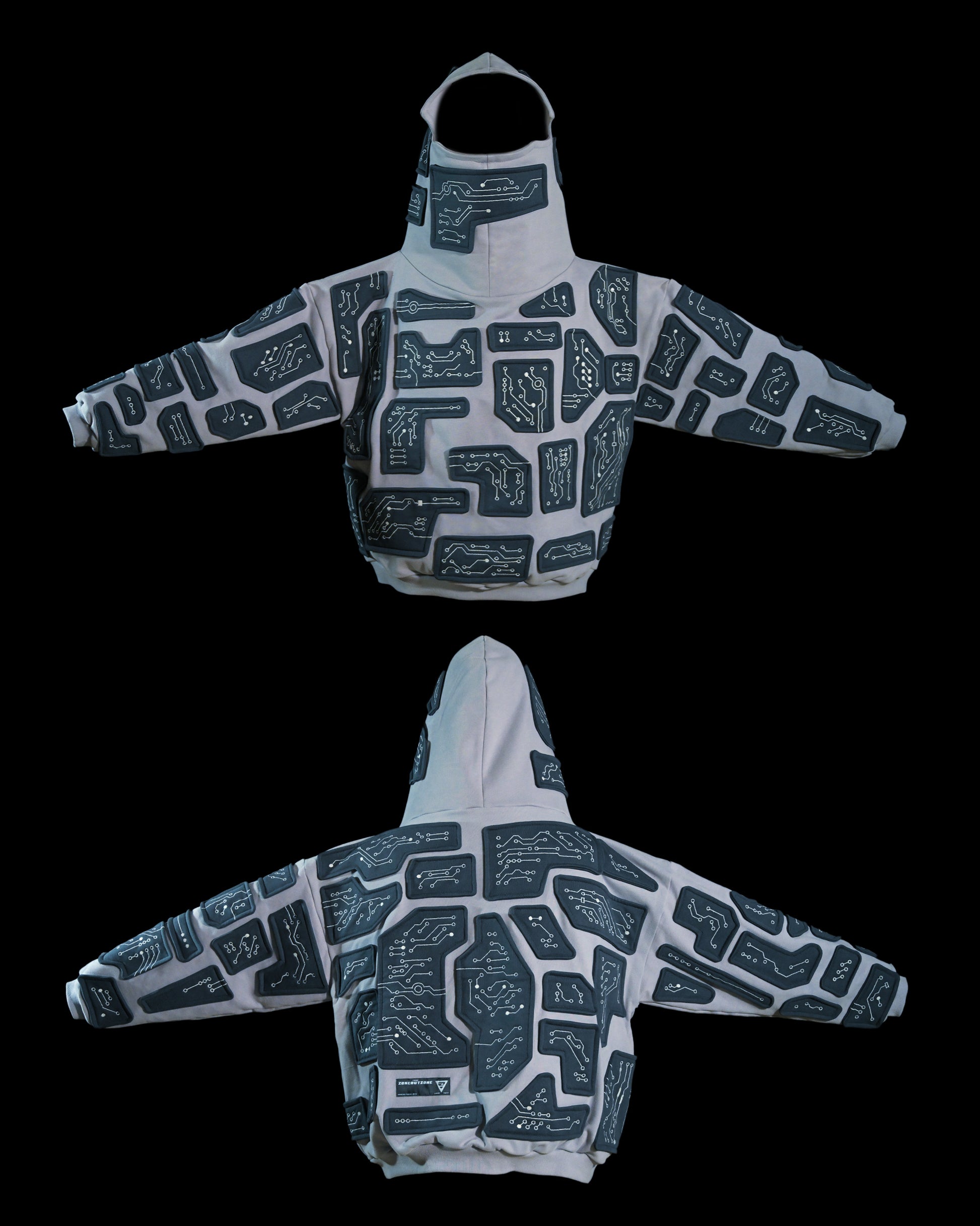grey cybercore grid robotic cyberpunk luxury heavyweight hoodie, front and back view