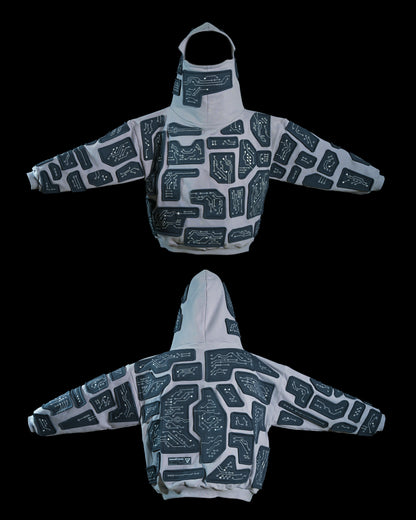grey cybercore grid robotic cyberpunk luxury heavyweight hoodie, front and back view