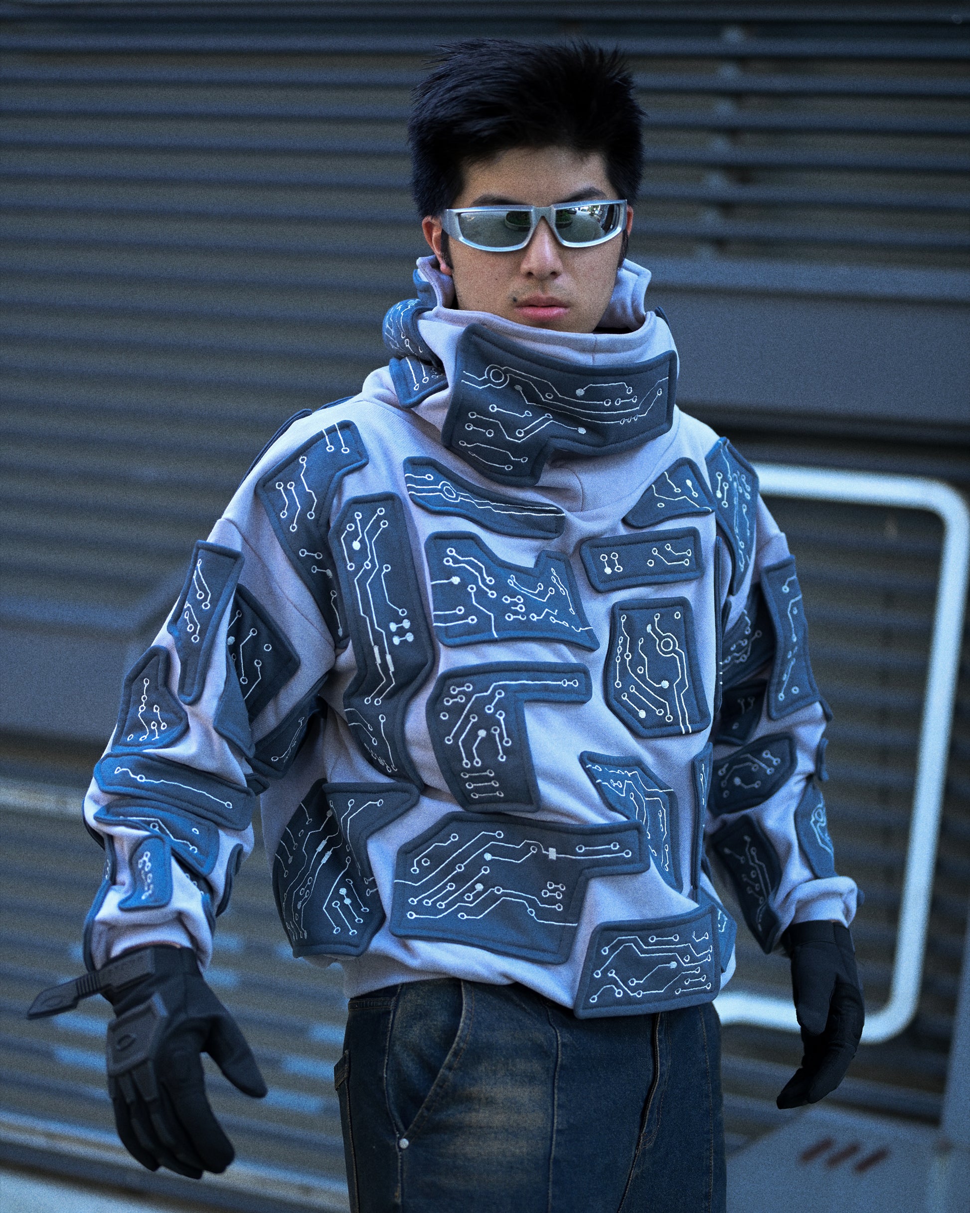 grey cybercore grid robotic cyberpunk luxury heavyweight hoodie, front model view