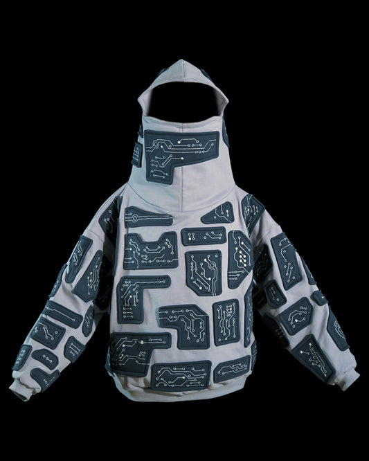 grey cybercore grid robotic cyberpunk luxury heavyweight hoodie, front view