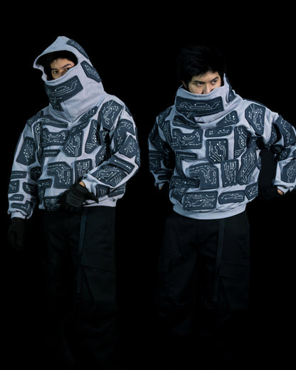 grey cybercore grid robotic cyberpunk luxury heavyweight hoodie, 2 models view