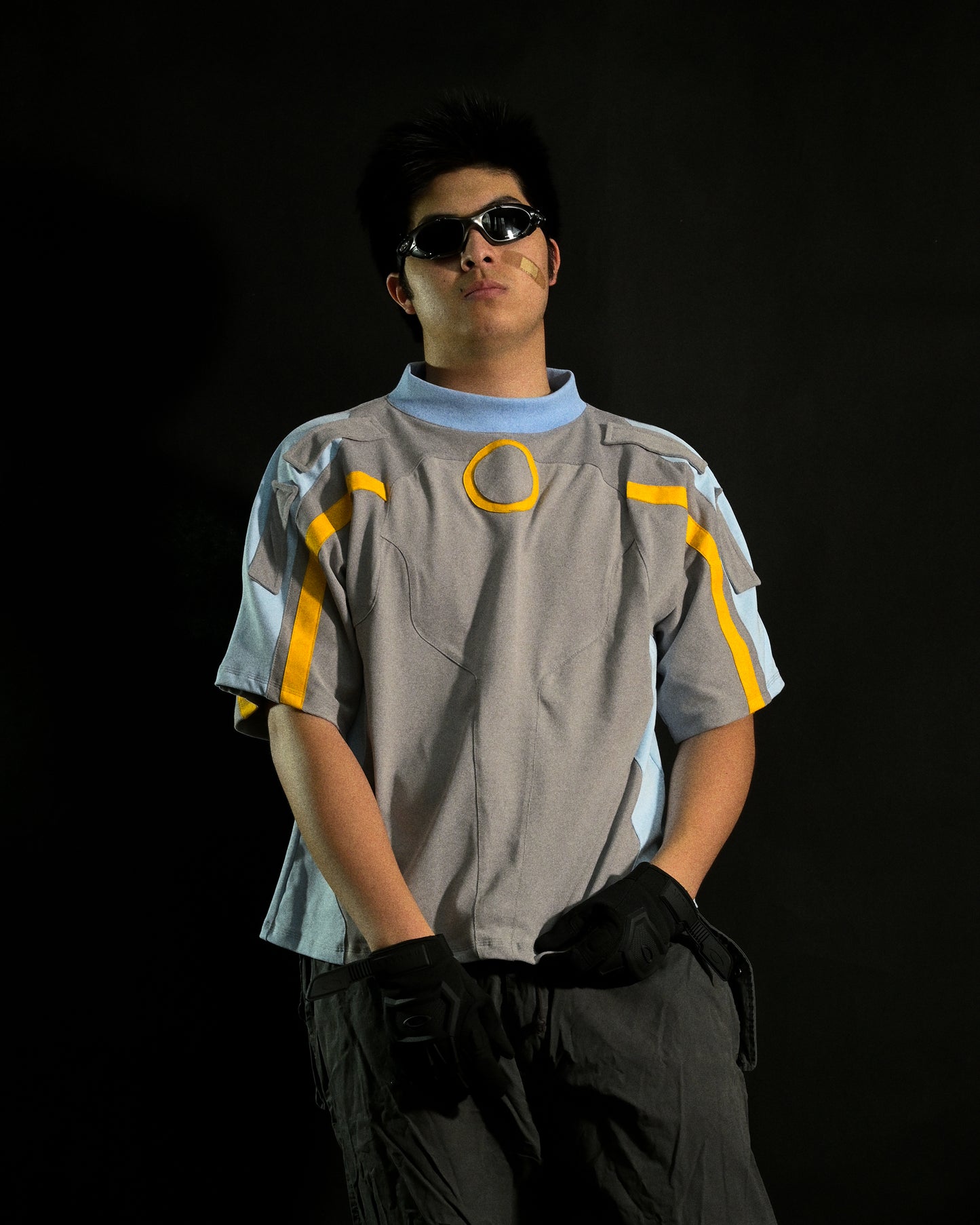 grey cybernetic cd futuristic techwear tee, front model view