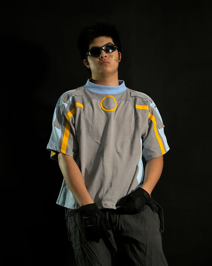 grey cybernetic cd futuristic techwear tee, front model view