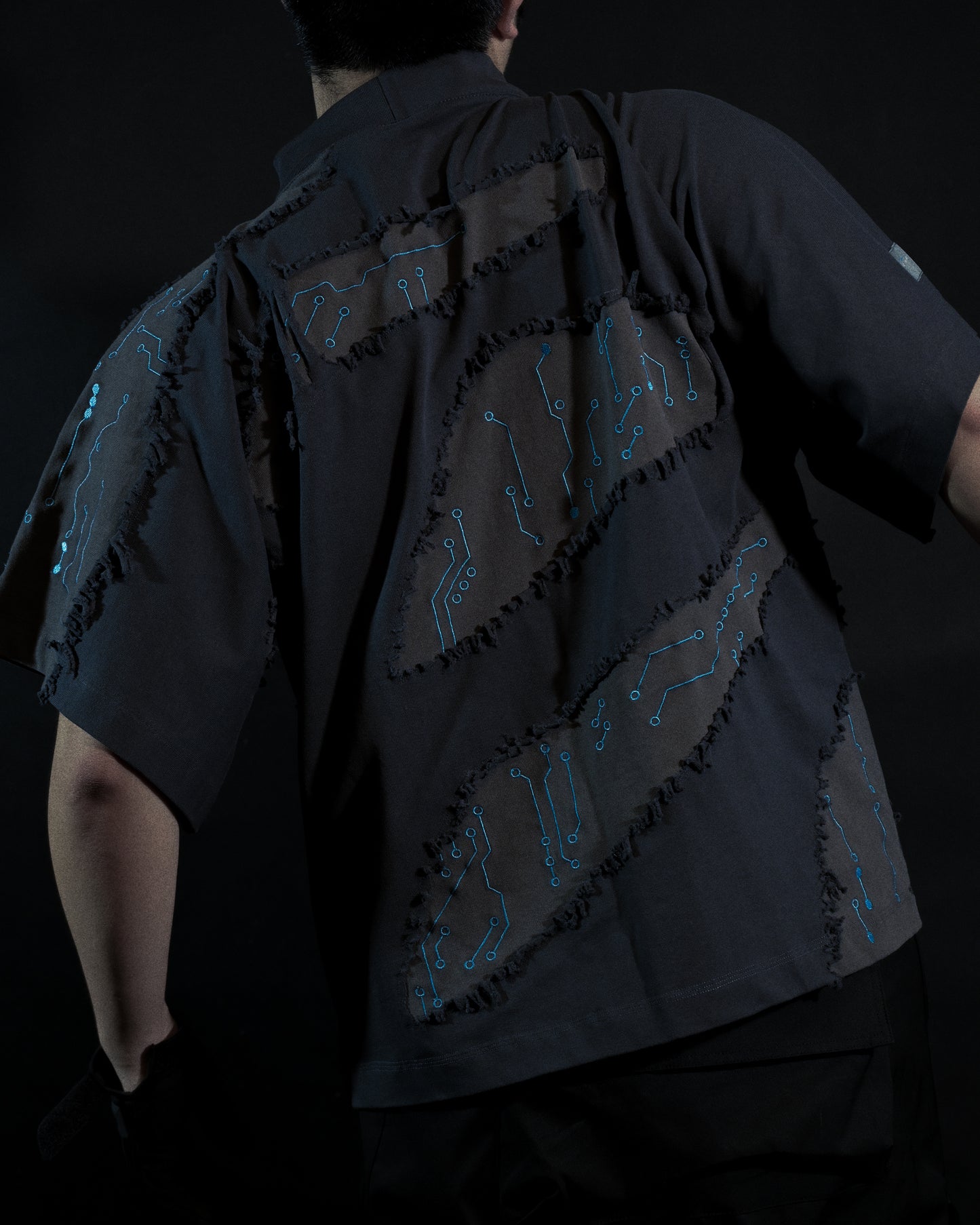 grey cyberpunk futuristic distressed fashion tee, back model view