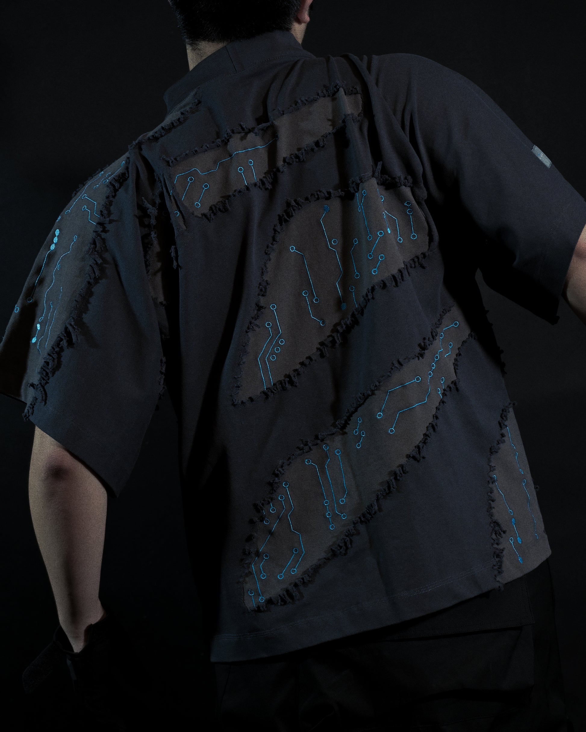 grey cyberpunk futuristic distressed fashion tee, back model view