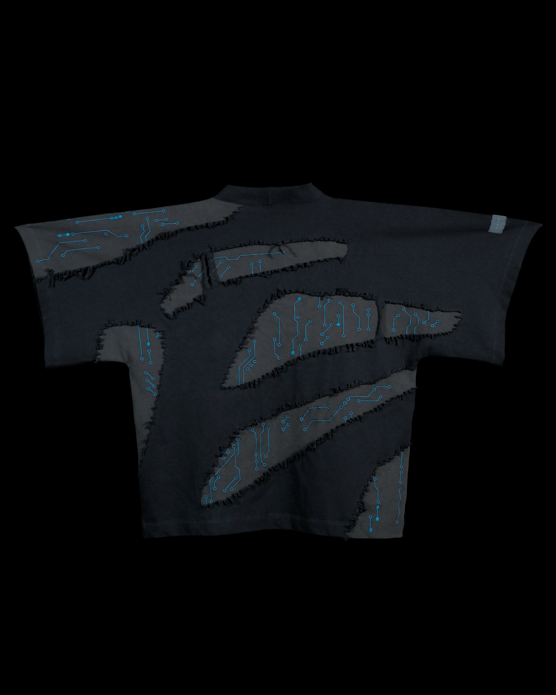 grey cyberpunk futuristic distressed fashion tee, back view