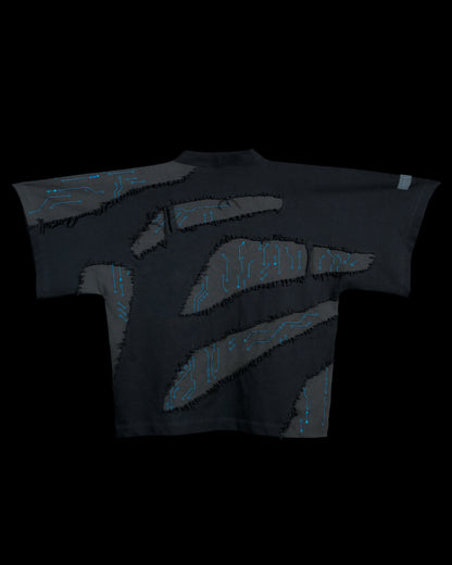 grey cyberpunk futuristic distressed fashion tee, back view