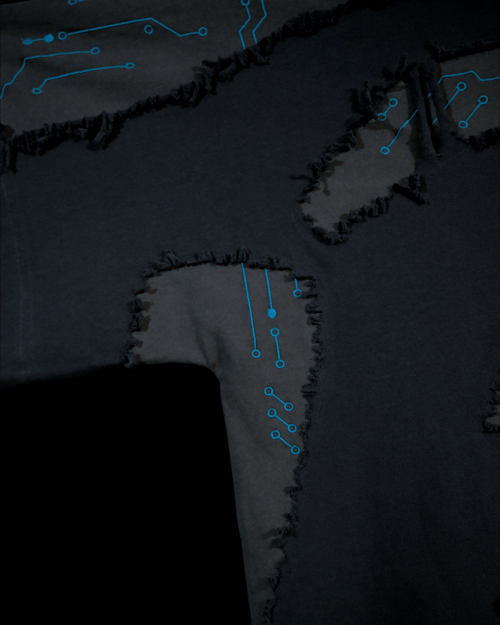 grey cyberpunk futuristic distressed fashion tee, detail view
