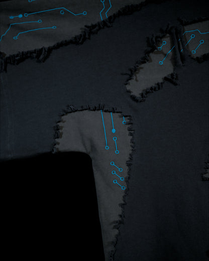 grey cyberpunk futuristic distressed fashion tee, detail view