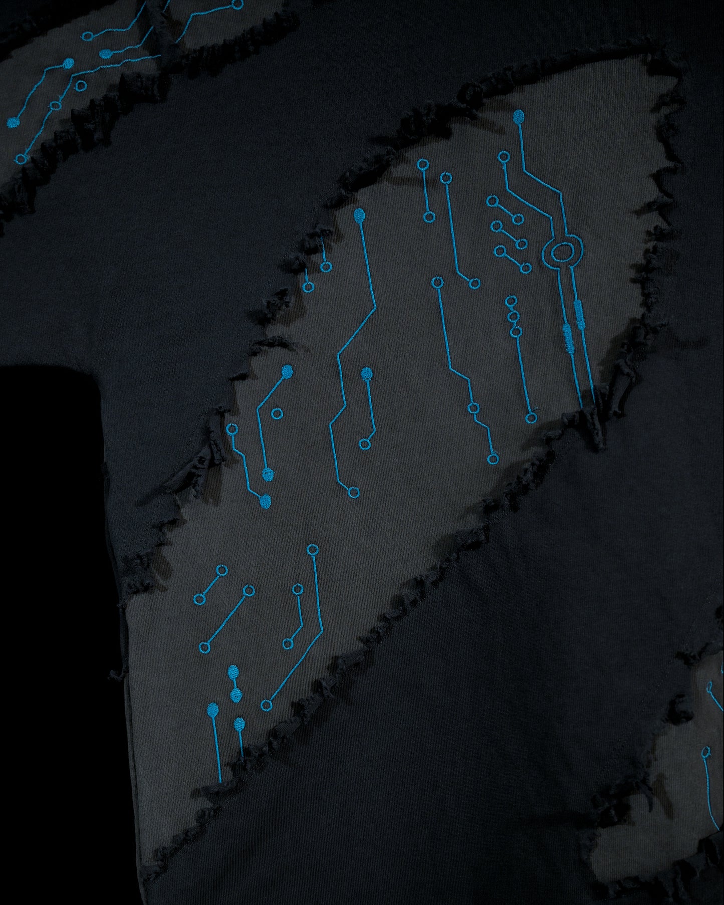 grey cyberpunk futuristic distressed fashion tee, embroidery view