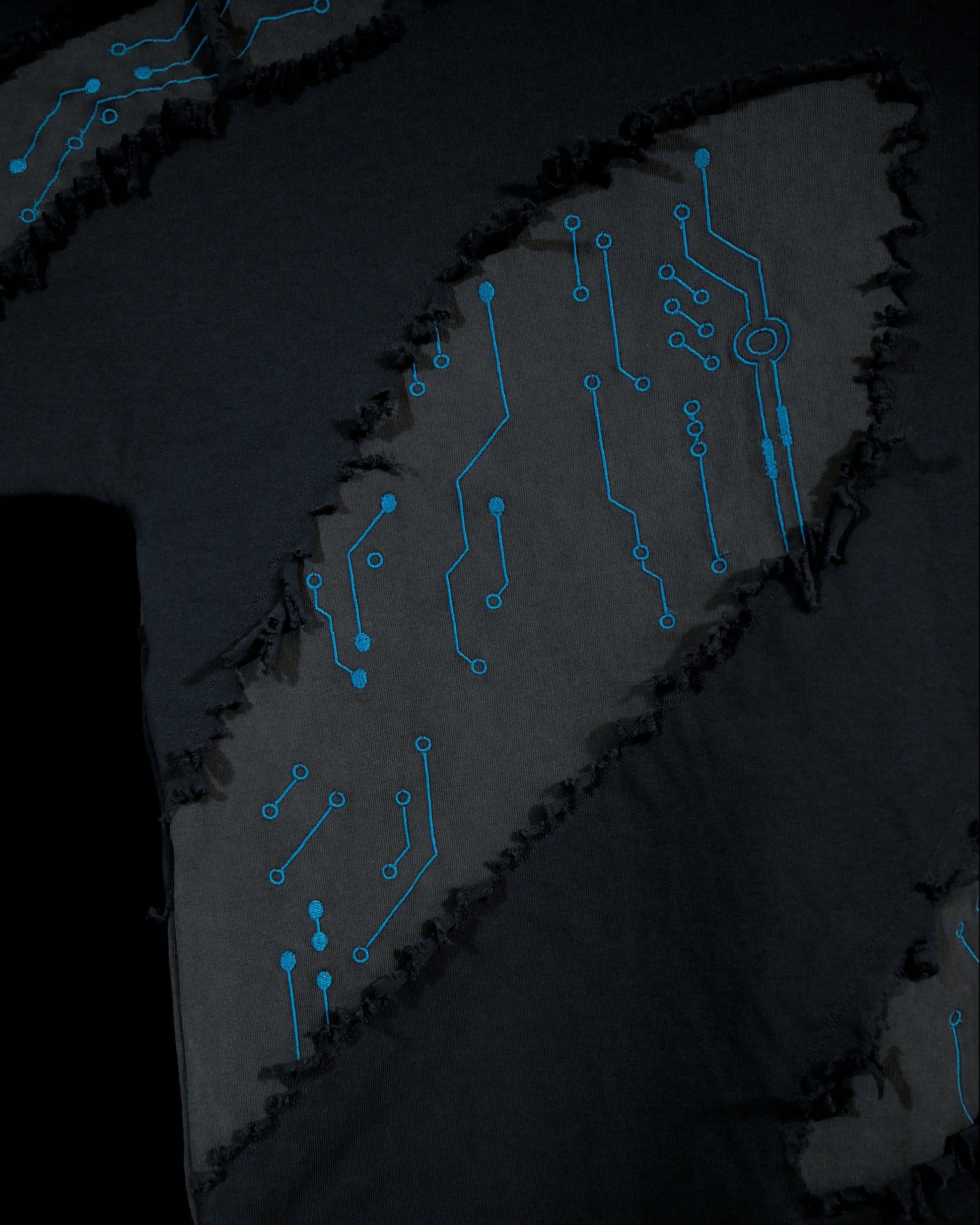 grey cyberpunk futuristic distressed fashion tee, embroidery view