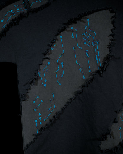 grey cyberpunk futuristic distressed fashion tee, embroidery view