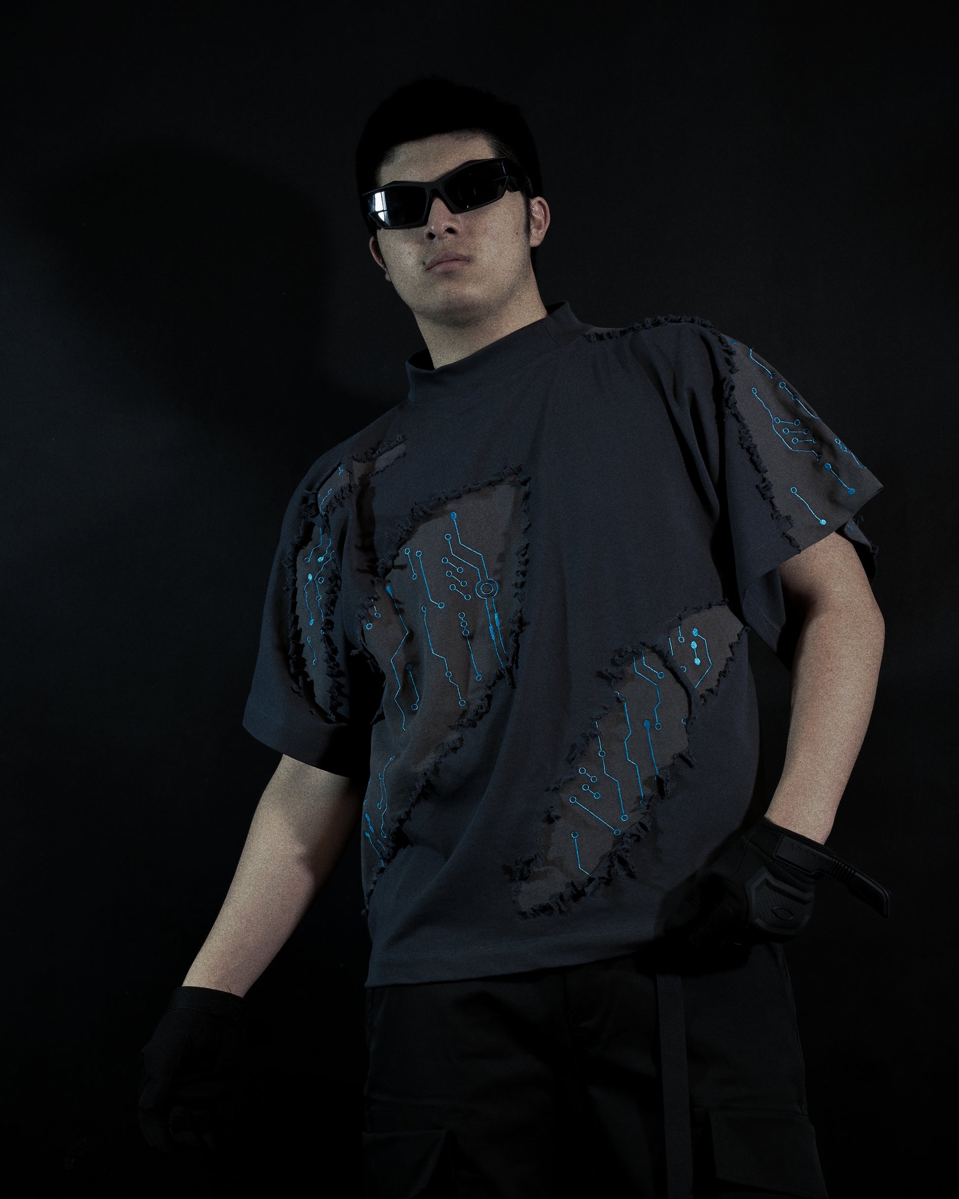 grey cyberpunk futuristic distressed fashion tee, front model view