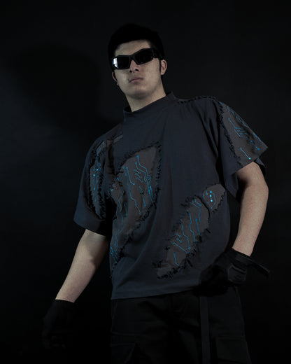 grey cyberpunk futuristic distressed fashion tee, front model view