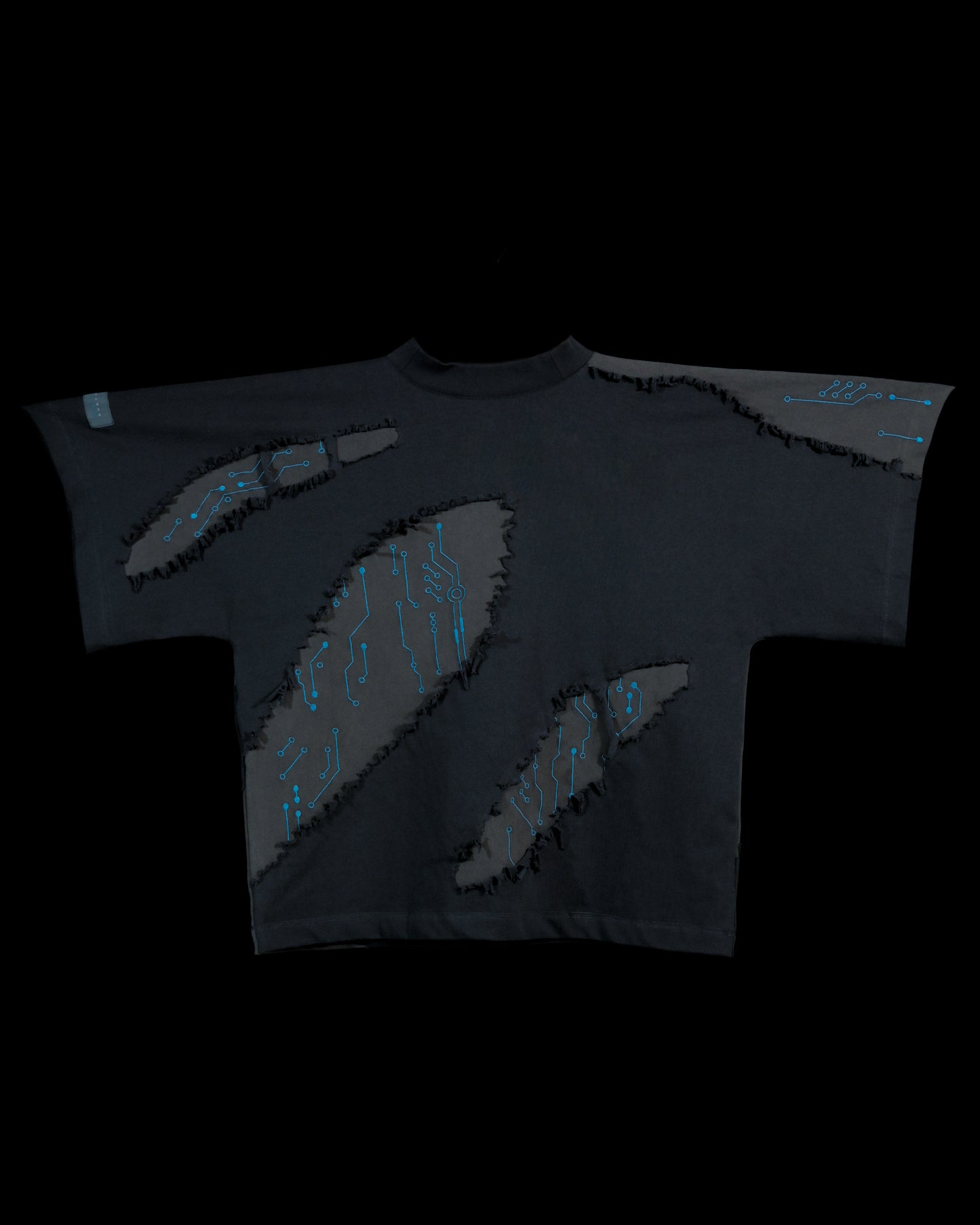 grey cyberpunk futuristic distressed fashion tee, front view