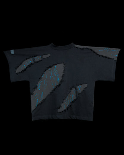 grey cyberpunk futuristic distressed fashion tee, front view