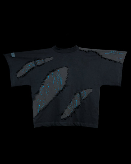 grey cyberpunk futuristic distressed fashion tee, front view