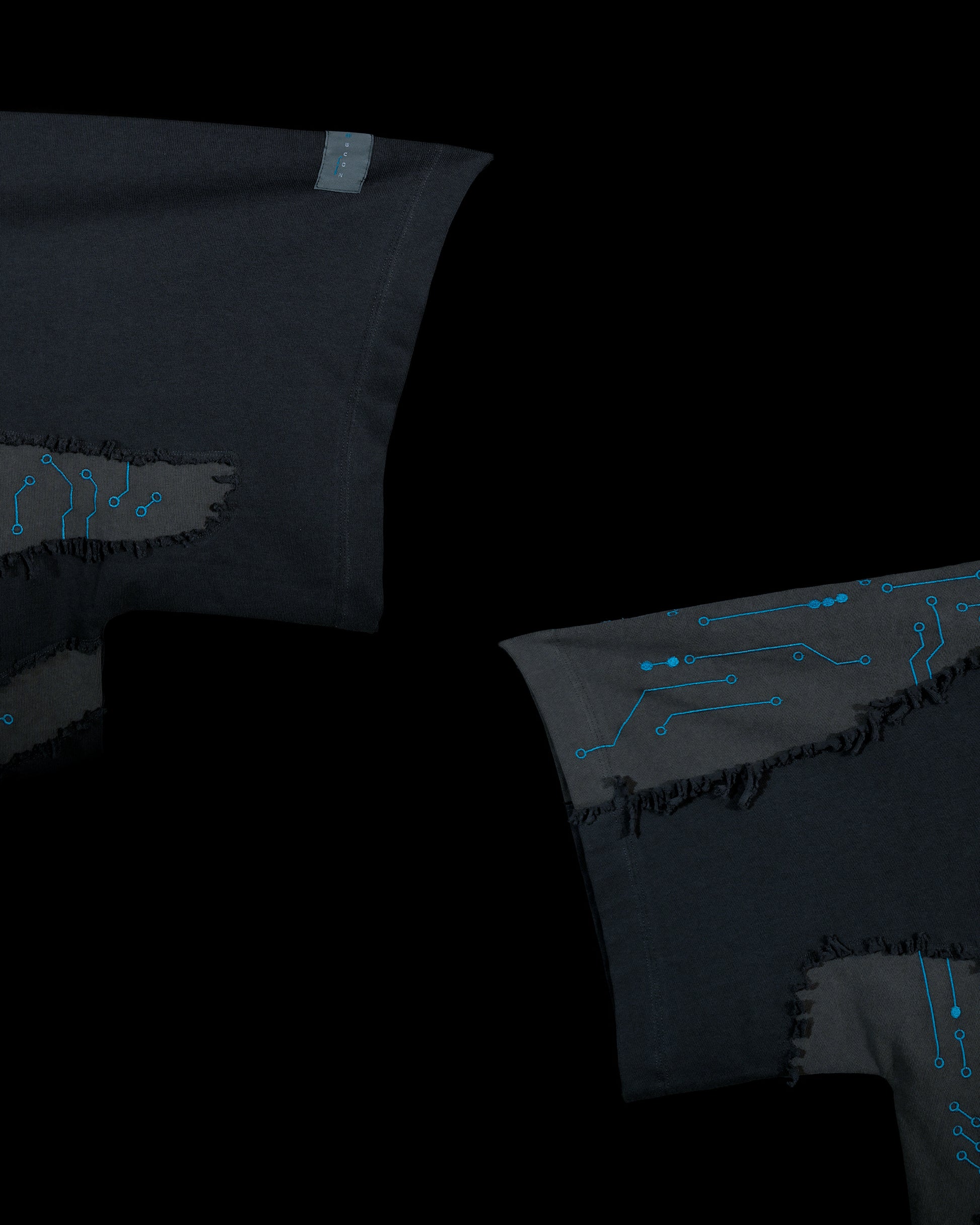 grey cyberpunk futuristic distressed fashion tee, sleeves view
