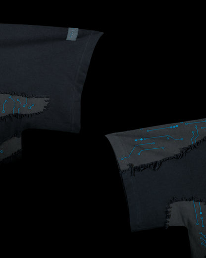 grey cyberpunk futuristic distressed fashion tee, sleeves view