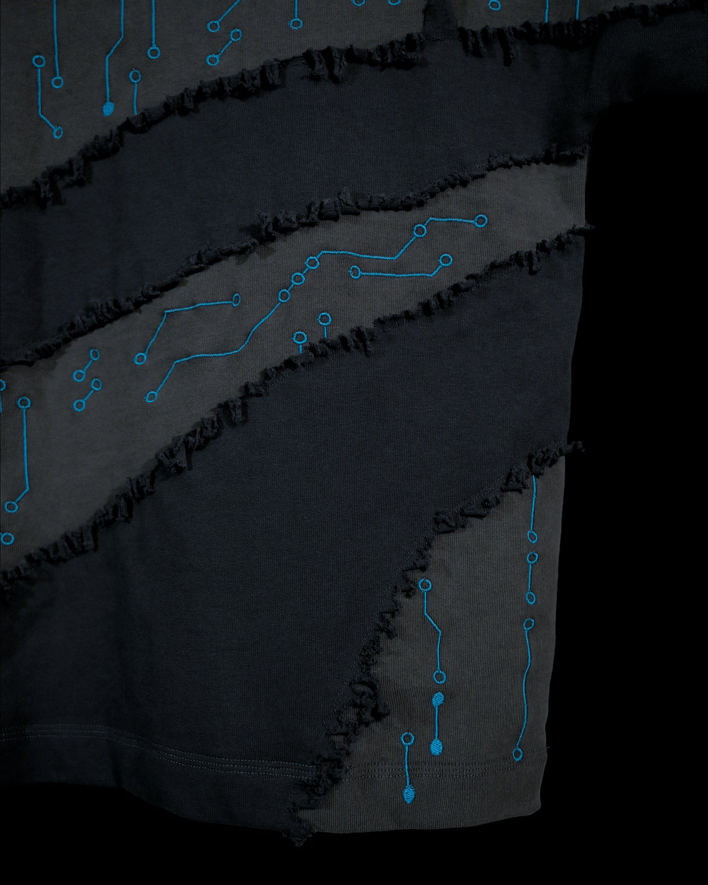 grey cyberpunk futuristic distressed fashion tee, stitching view