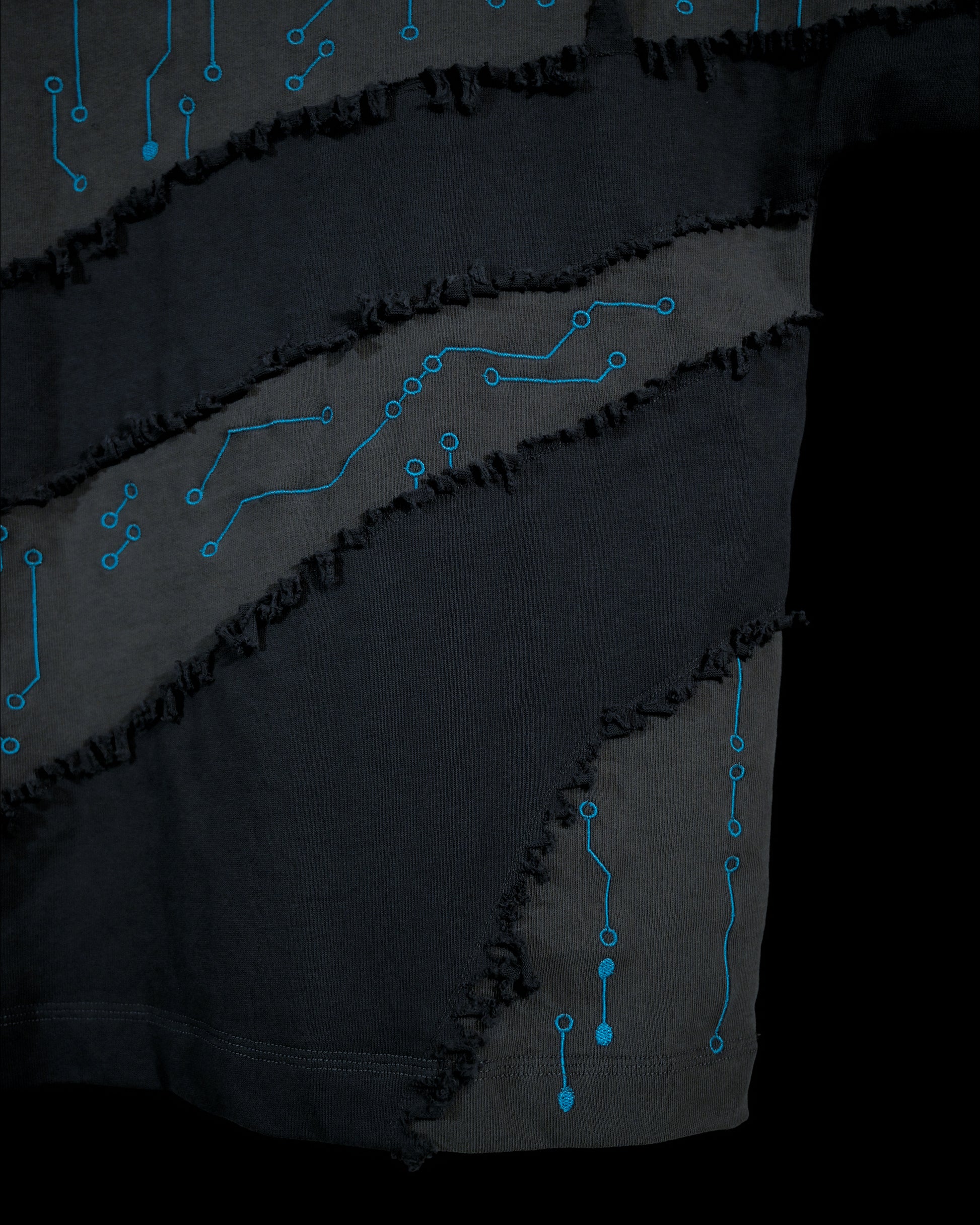 grey cyberpunk futuristic distressed fashion tee, stitching view