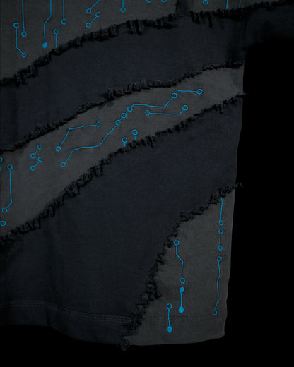 grey cyberpunk futuristic distressed fashion tee, stitching view