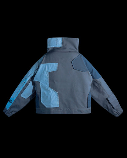 grey cyborg robotic men half zip jacket, back view