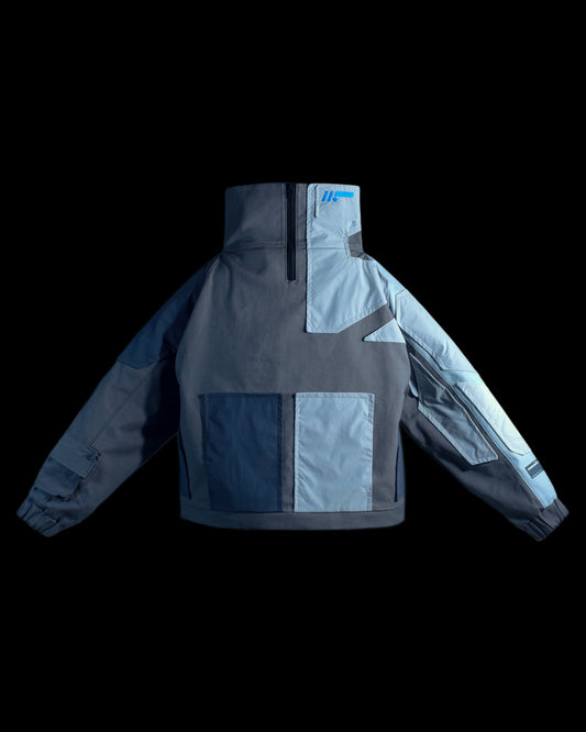 grey cyborg robotic men half zip jacket, front view