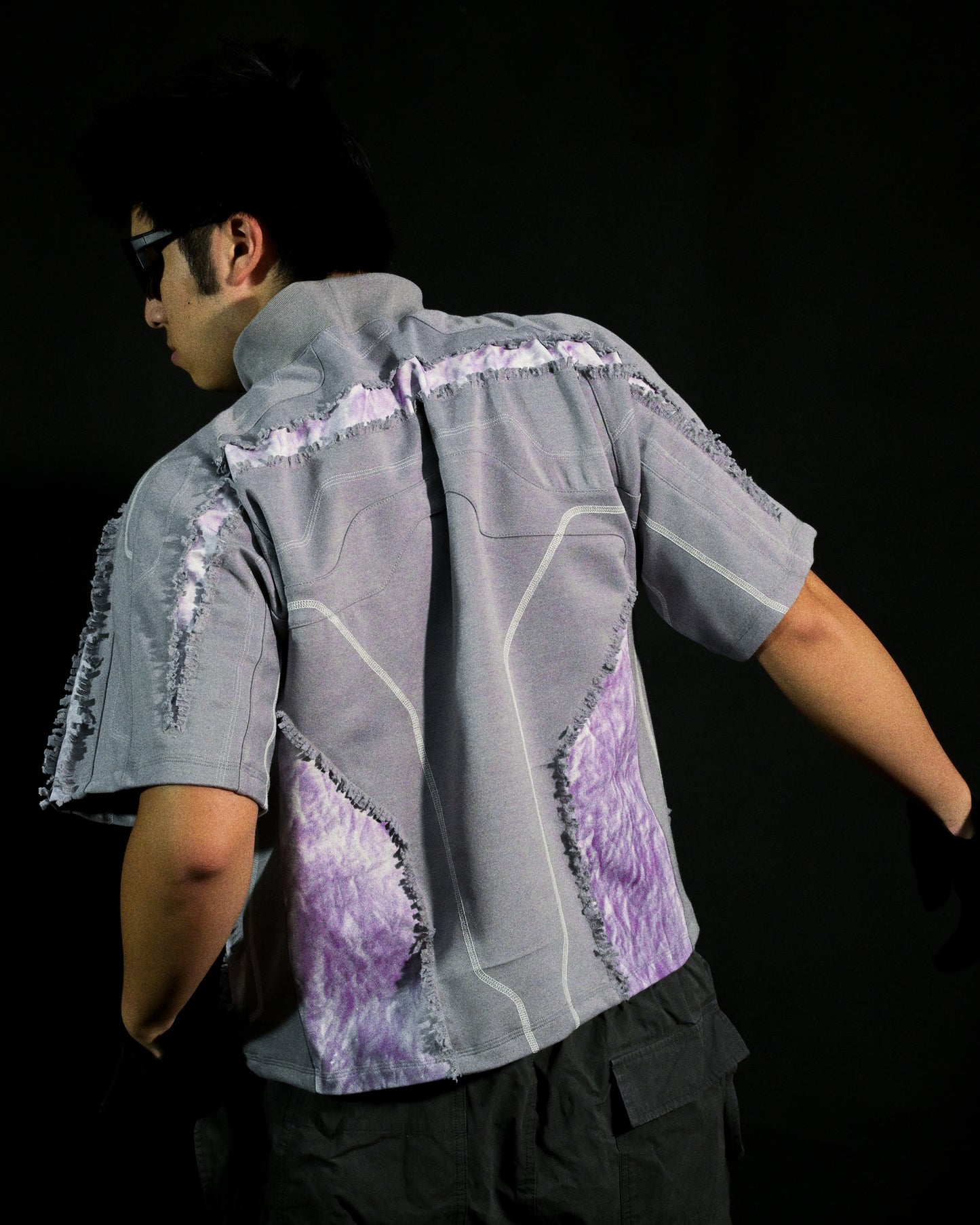 grey dark realm space sci-fi distressed tee, back model view