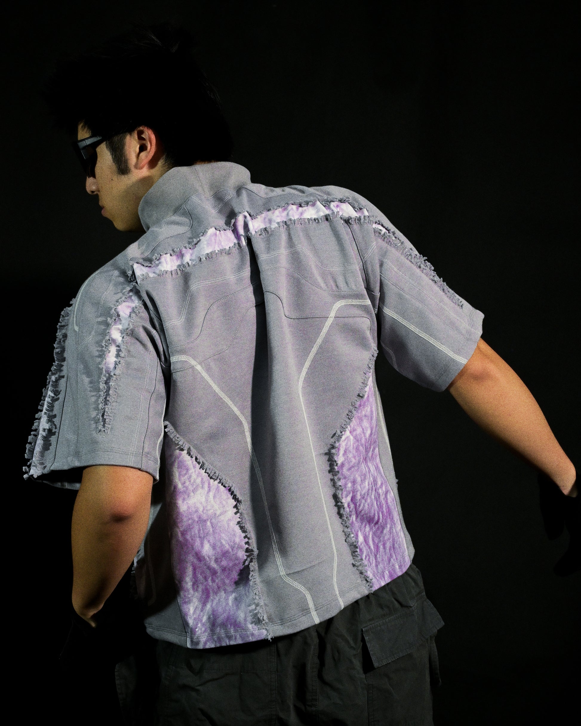 grey dark realm space sci-fi distressed tee, back model view