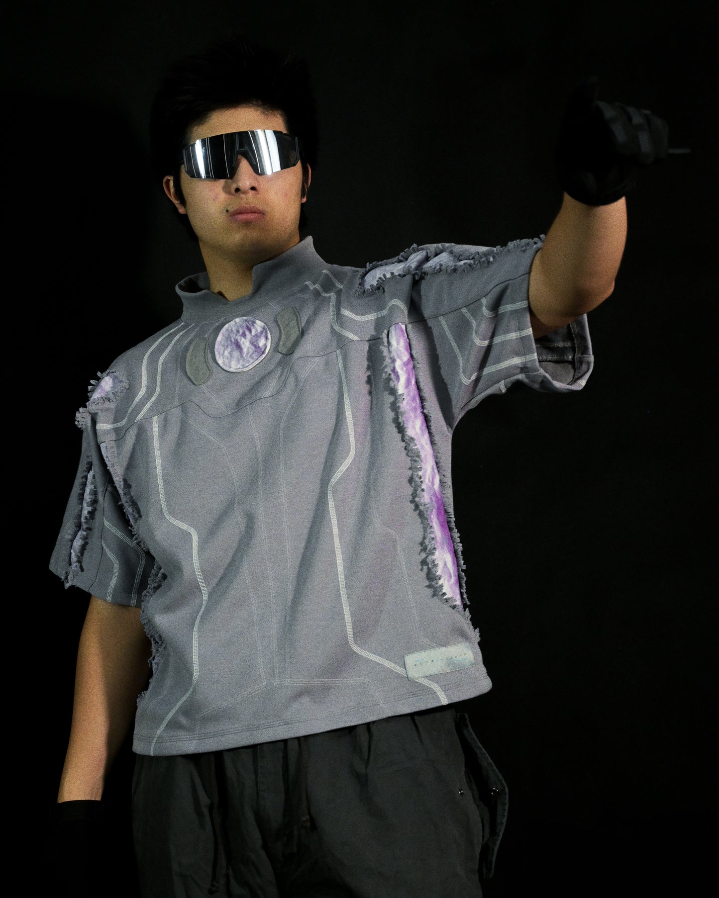 grey dark realm space sci-fi distressed tee, front model view