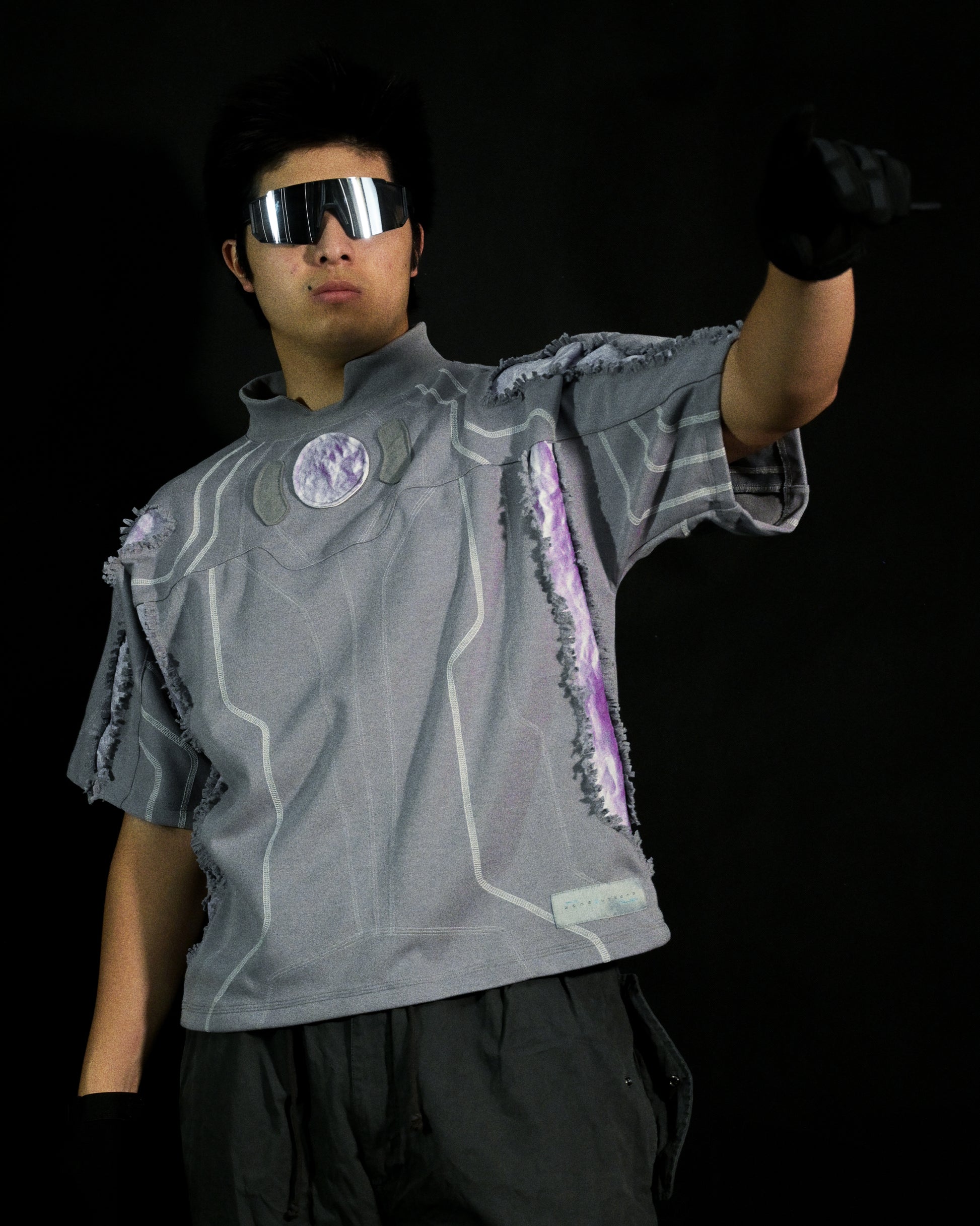 grey dark realm space sci-fi distressed tee, front model view