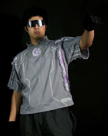 grey dark realm space sci-fi distressed tee, front model view