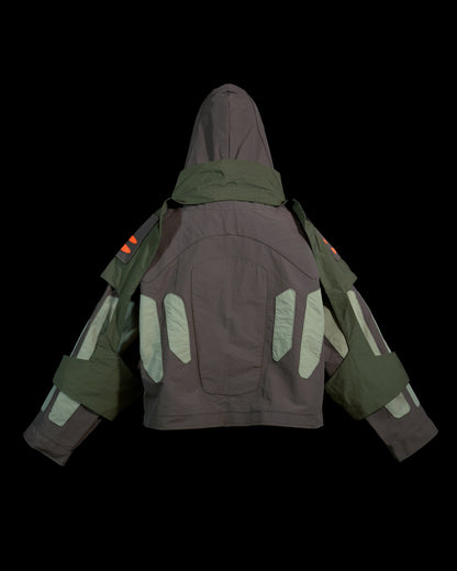grey industrial techwear sci-fi archive jacket, back view