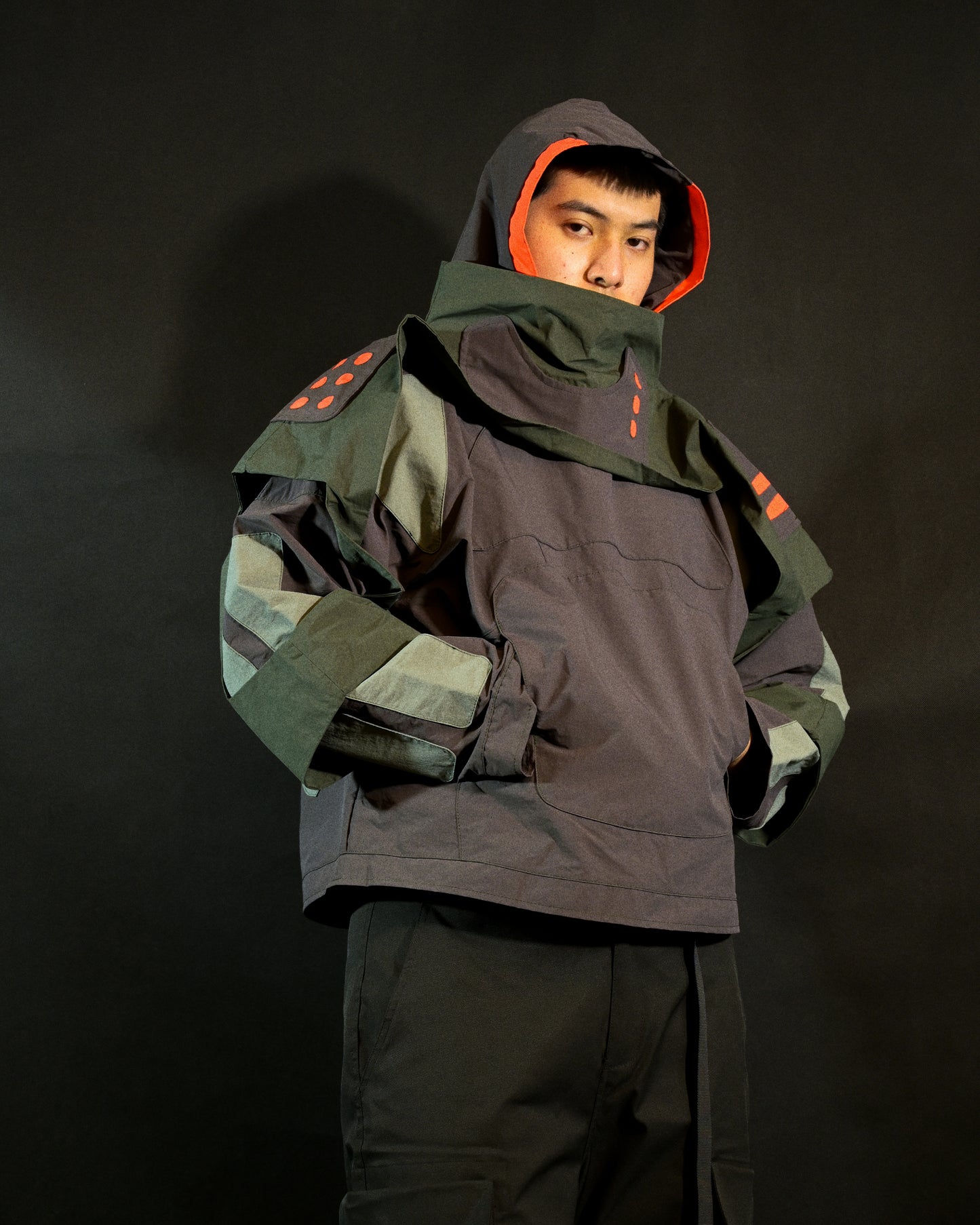 grey industrial techwear sci-fi archive jacket, front model view