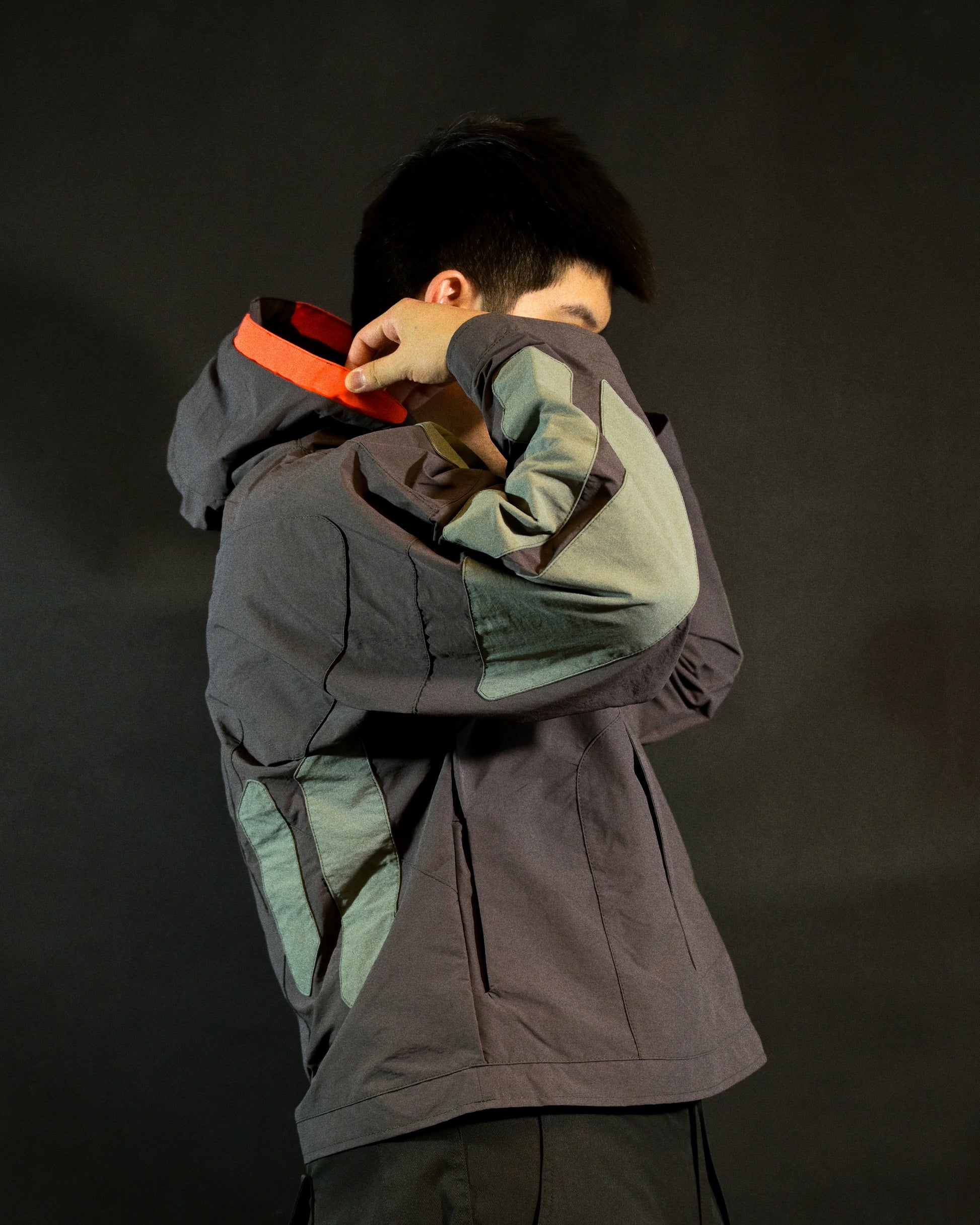 grey industrial techwear sci-fi archive jacket, side model view