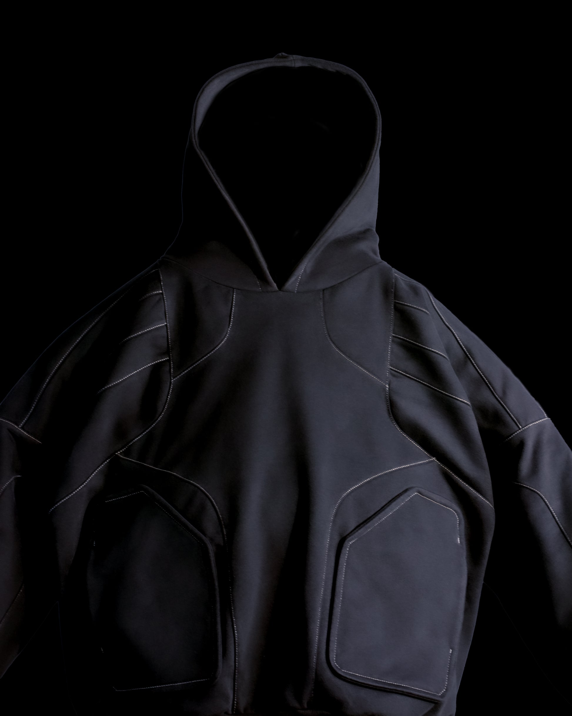 grey industrial work wear blank hoodie, front close up view