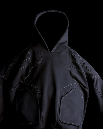 grey industrial work wear blank hoodie, front close up view