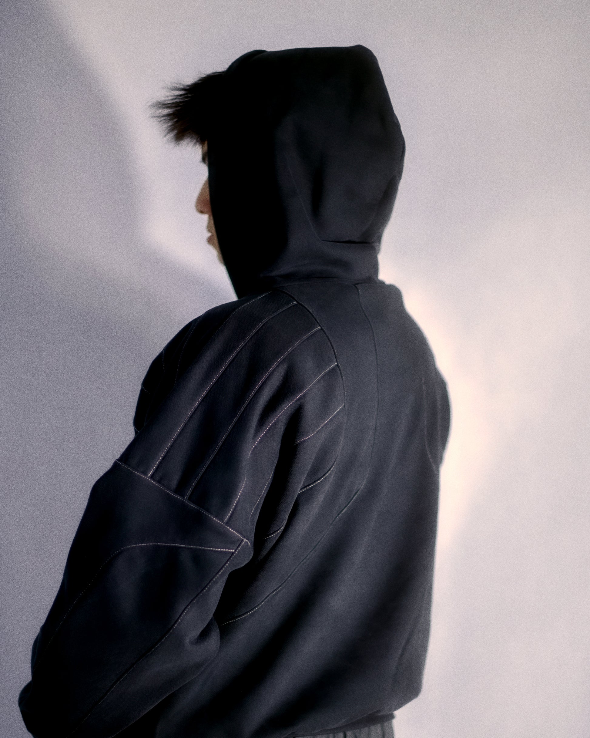 grey industrial work wear blank hoodie, back model view