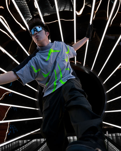 grey sci-fi clothing techwear shirt, model standing view